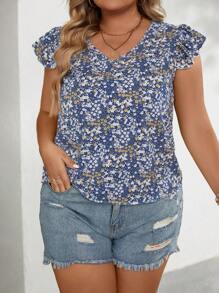 SHEIN LUNE Áo sơ mi Plus Size Xù Họa tiết hoa Boho - Xanh đậm - Xem 3