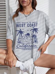 INAWLY 热带和字母图案落肩 T 恤 图案 T 恤 女式上衣 - 灰色 - 查看 4