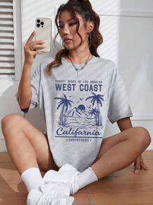 INAWLY 热带和字母图案落肩 T 恤 图案 T 恤 女式上衣 - 灰色 - 查看 5