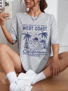 INAWLY 热带和字母图案落肩 T 恤 图案 T 恤 女式上衣 - 灰色 - 查看 6