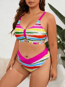 SHEIN Conjunto de bikini con estampado de rayas de talla grande para la playa de verano - Multicolor - Ver 3