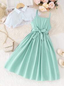 女大童素色吊帶連衣裙&前紐扣荷葉邊襯衫 - 彩色 - 查看 1