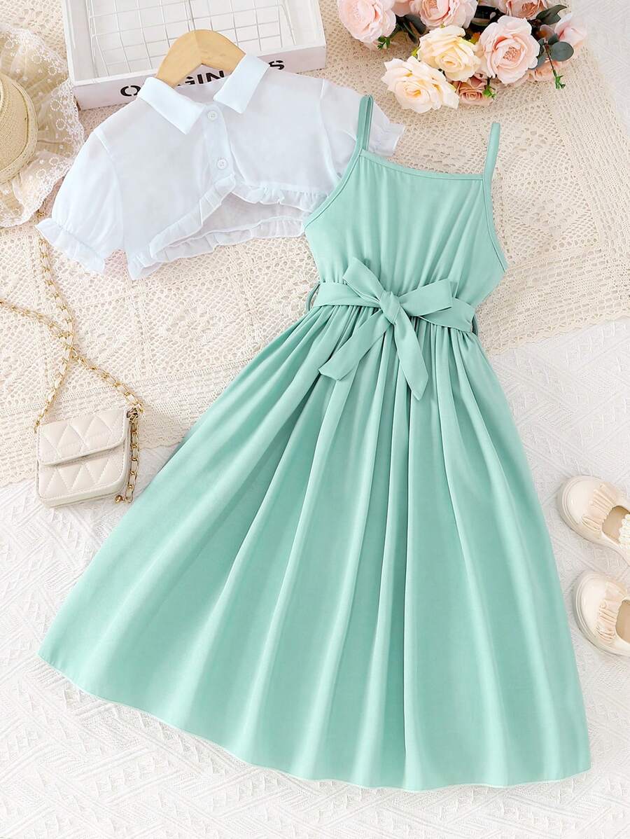 女大童素色吊帶連衣裙&前紐扣荷葉邊襯衫 - 彩色 - 查看 1