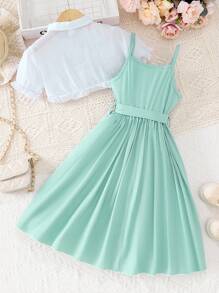 女大童素色吊帶連衣裙&前紐扣荷葉邊襯衫 - 彩色 - 查看 2