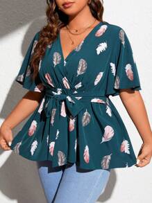 SHEIN Clasi 大碼羽毛印花蝴蝶袖腰帶襯衫 - 水鴨藍 - 查看 4