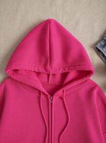 INAWLY Solid Zip Up Drawstring Thermal Lined Hoodie,Long Sleeve Tops - Hot Pink - View 3