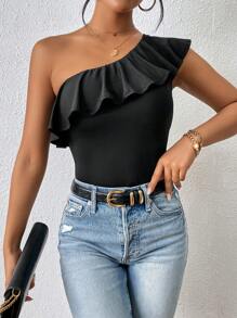 SHEIN Privé 單肩荷葉邊上衣 - 黑色 - 查看 3