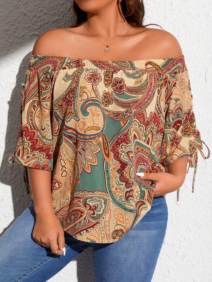 Breezaya 大碼佩斯利印花一字肩打結袖口襯衫 - 彩色 - 查看 1