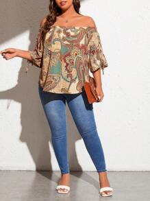 Breezaya 大碼佩斯利印花一字肩打結袖口襯衫 - 彩色 - 查看 3