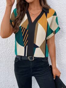 SHEIN LUNE Geo Print Batwing Sleeve Blouse - Multicolor - View 4