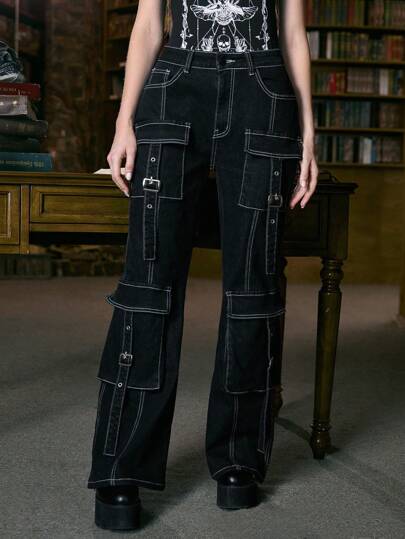 Academia Jeans cargo con bolsillo con solapa puntada