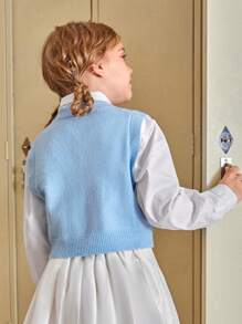 SHEIN Tween Girl Solid Cable Knit Sweater Vest Without Blouse - Blue - View 2