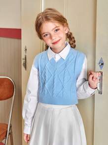 SHEIN Tween Girl Solid Cable Knit Sweater Vest Without Blouse - Blue - View 3