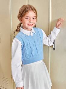 SHEIN Tween Girl Solid Cable Knit Sweater Vest Without Blouse - Blue - View 5