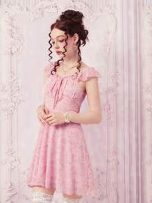 ROMWE Floral Jacquard Ruched Bust Tie Front Dress - Pink - View 3