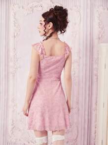 ROMWE Floral Jacquard Ruched Bust Tie Front Dress - Pink - View 4