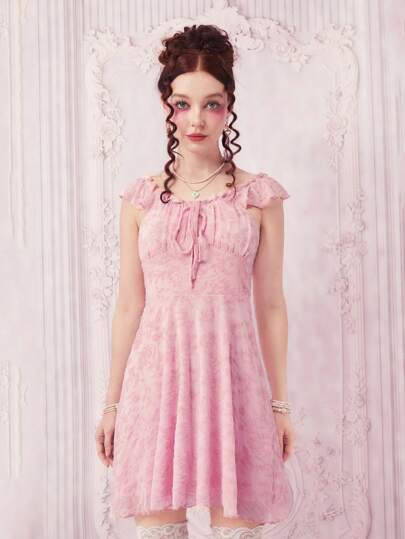 Floral Jacquard Ruched Bust Tie Front Dress