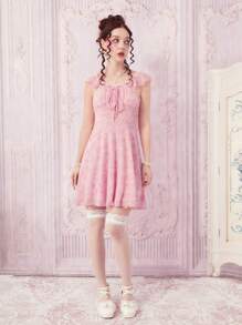 ROMWE Floral Jacquard Ruched Bust Tie Front Dress - Pink - View 2