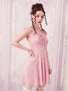 ROMWE Floral Jacquard Ruched Bust Tie Front Dress - Pink - View 5