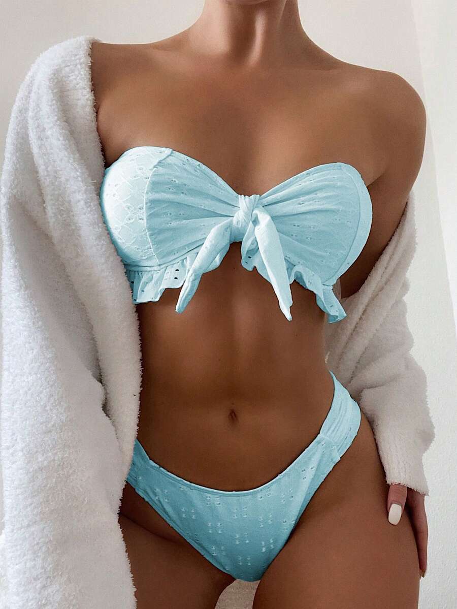 Knot Front Bandeau Bikini Set For Summer Beach - Baby Blue - View 1