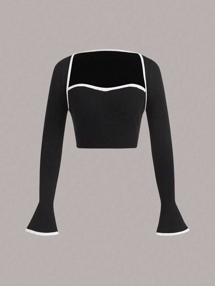 SHEIN EZwear 休閒羅紋針織 拼接細邊純色女士開襟衫 - 黑色 - 查看 1