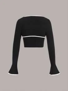 SHEIN EZwear 休閒羅紋針織 拼接細邊純色女士開襟衫 - 黑色 - 查看 2