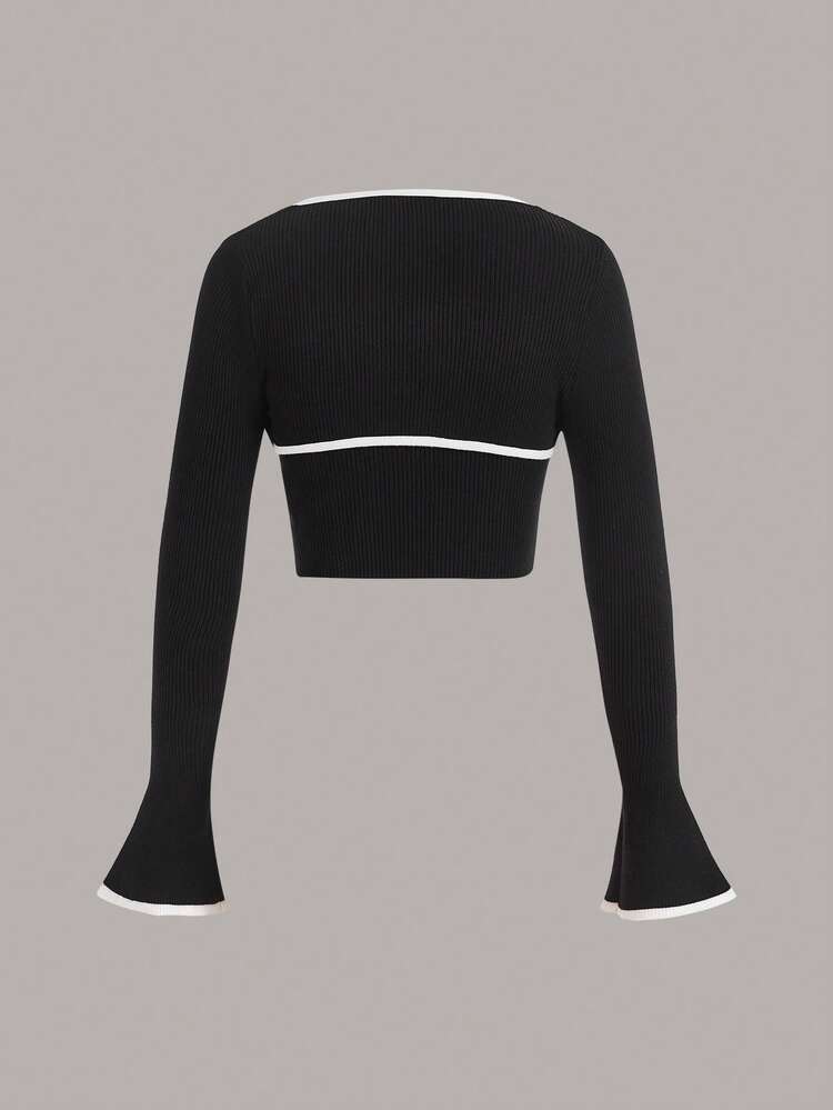 Contrast Binding Crop Cardigan & Tube Knit Top