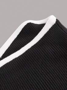 SHEIN EZwear 休閒羅紋針織 拼接細邊純色女士開襟衫 - 黑色 - 查看 4