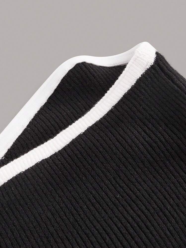 Contrast Binding Crop Cardigan & Tube Knit Top