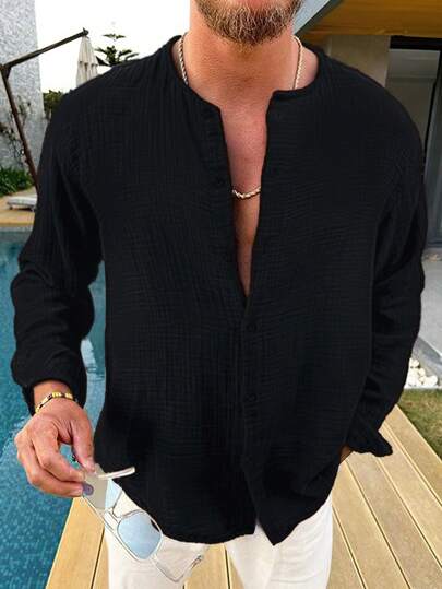 Manfinity Homme Men Solid Button Up Shirt Slim Fit Long Sleeve Plain Black Boho Shirt For Husband, Fall