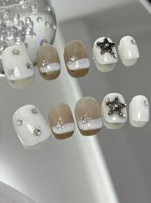 ROMWE Grunge Punk 10pcs Short Square 3D Star Decor Fake Nail Kit - Multicolor - View 1