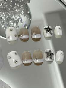 ROMWE Grunge Punk 10pcs Short Square 3D Star Decor Fake Nail Kit - Multicolor - View 3