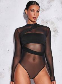 SHEIN BAE Mock Neck Mesh Panel Ruched Bodysuit Without Bra,Valentine's Day,Valentine Outfits For Women - Black - View 3
