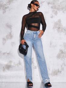 SHEIN BAE Mock Neck Mesh Panel Ruched Bodysuit Without Bra,Valentine's Day,Valentine Outfits For Women - Black - View 4