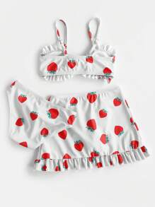 女婴草莓印花荷叶边沙滩装带沙滩裙夏季海滩 - 灰色 - 查看 2