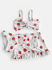 女婴草莓印花荷叶边沙滩装带沙滩裙夏季海滩 - 灰色 - 查看 3