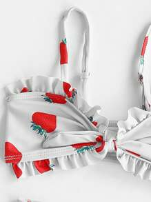 女婴草莓印花荷叶边沙滩装带沙滩裙夏季海滩 - 灰色 - 查看 4