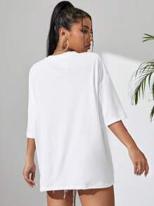SHEIN EZwear Letter Graphic Drop Shoulder Tee - White - View 2