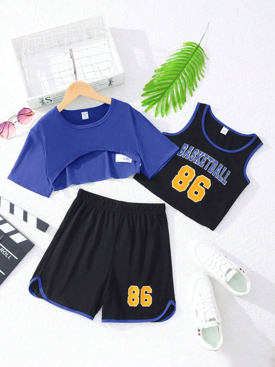 青少年女孩高低下擺短款T恤和字母圖案背心上衣和短褲