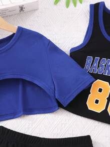 青少年女孩高低下擺短款T恤和字母圖案背心上衣和短褲