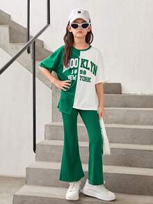 SHEIN 女大童字母圖案落肩袖不對稱下擺T恤和喇叭褲 - 彩色 - 查看 3