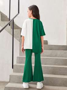 SHEIN 女大童字母圖案落肩袖不對稱下擺T恤和喇叭褲 - 彩色 - 查看 4