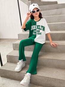 SHEIN 女大童字母圖案落肩袖不對稱下擺T恤和喇叭褲 - 彩色 - 查看 1