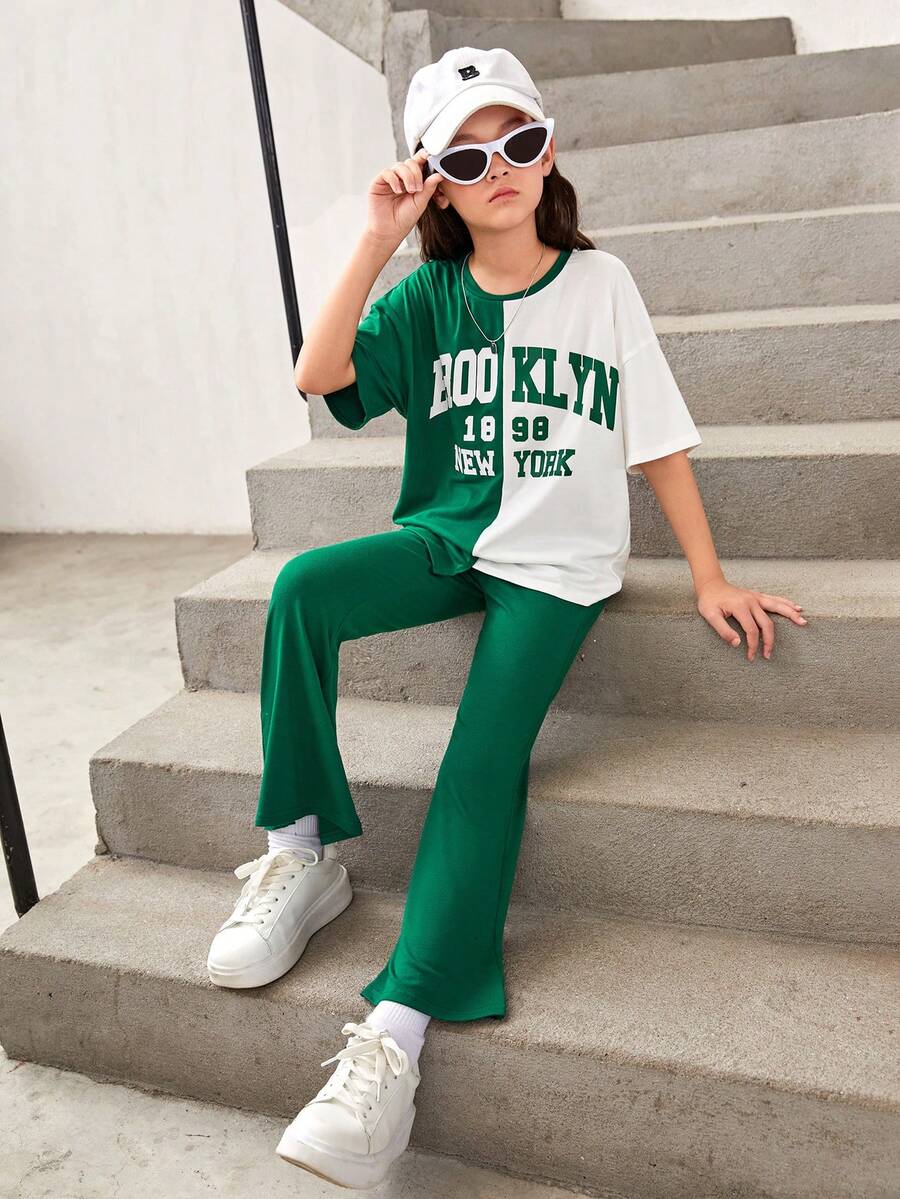 SHEIN 女大童字母圖案落肩袖不對稱下擺T恤和喇叭褲 - 彩色 - 查看 1