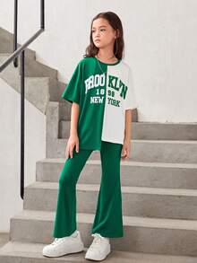 SHEIN 女大童字母圖案落肩袖不對稱下擺T恤和喇叭褲 - 彩色 - 查看 2