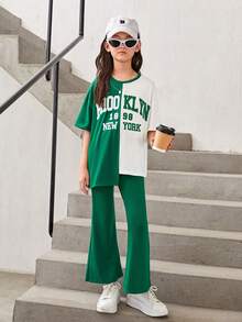 SHEIN 女大童字母圖案落肩袖不對稱下擺T恤和喇叭褲 - 彩色 - 查看 5
