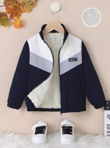SHEIN Young Boy Letter Patched Colorblock Zip Up Thermal Lined Jacket - Multicolor - View 1