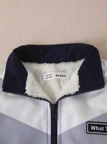 SHEIN Young Boy Letter Patched Colorblock Zip Up Thermal Lined Jacket - Multicolor - View 3