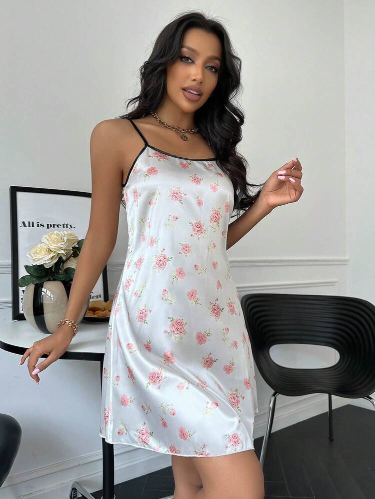 Floral Print Contrast Binding Satin Cami Nightdress - White - View 3