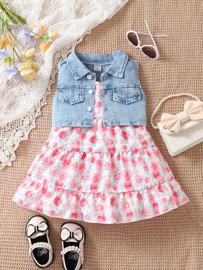 女嬰滿版印花荷葉邊連衣裙&牛仔夾克背心